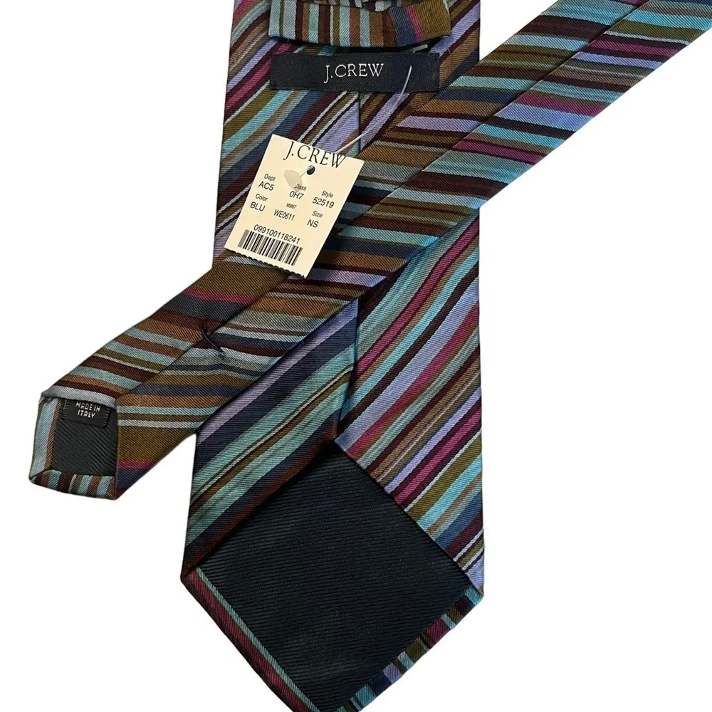 NWT J. Crew multicolored diagonal striped tie, deep tones purple khaki blue